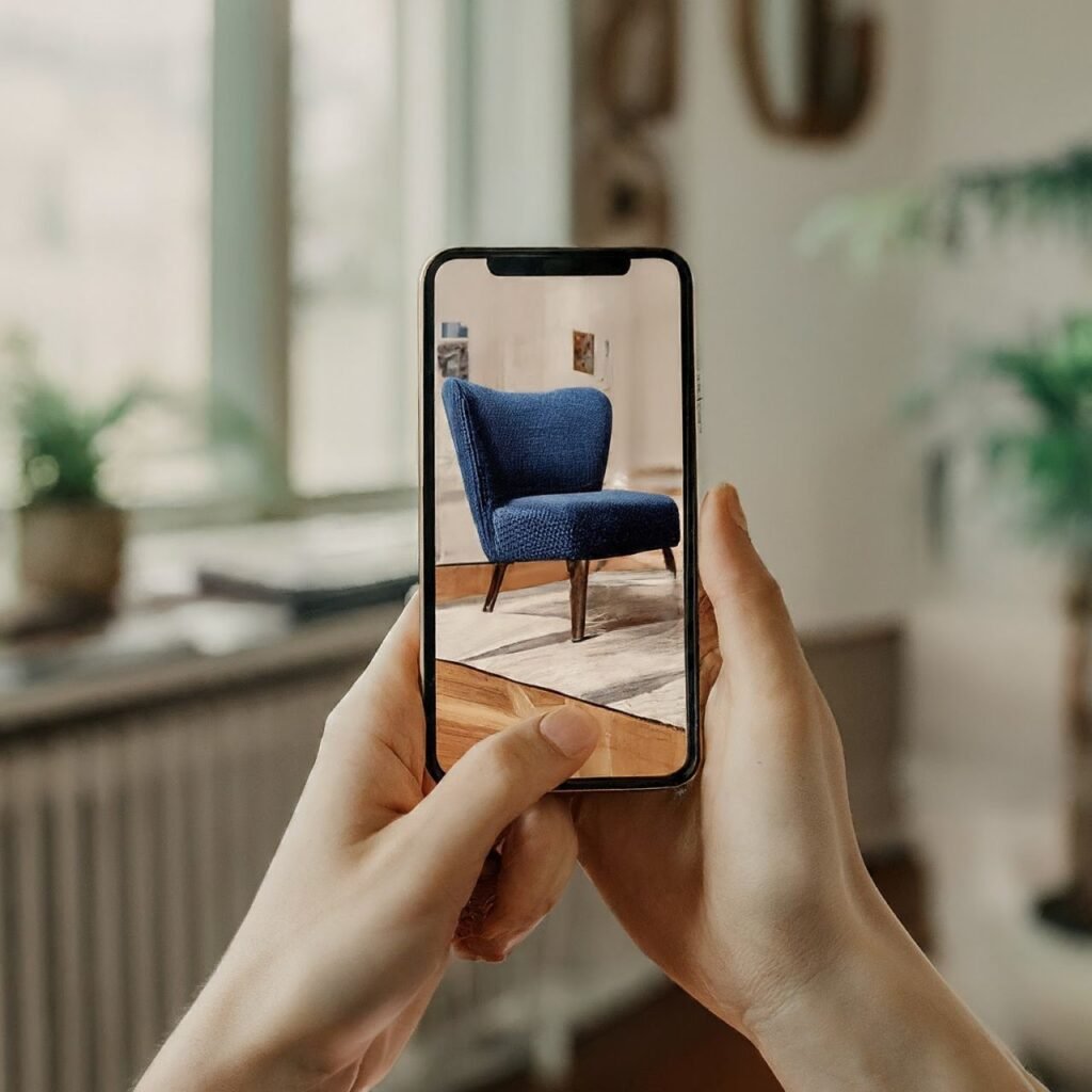 10 Incredible Things You Can Do with Your Smartphone A smartphone showing an AR home design app with a virtual piece of furniture placed in a real room