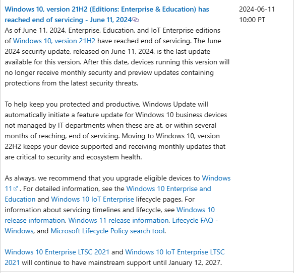 Microsoft Ends Support for Windows 10 21H2 Enterprise, Education, and IoT Editions Microsoft Ends Support for Windows 10 21H2 Enterpr